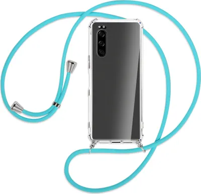 Produktbild von Handykette Backcover-Schutzhülle mit Band (Metall silberfarben) für Sony Xperia 5 - türkis