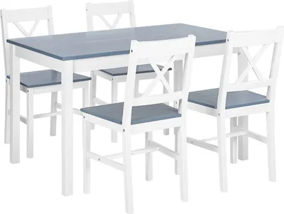 Produktbild von BELIANI Essgruppe Set Tisch 4 Stühle Weiß mit Grau 120 x 75 cm Kiefernholz Esszimmer Wohnzimmer Modern Country Landhausstil