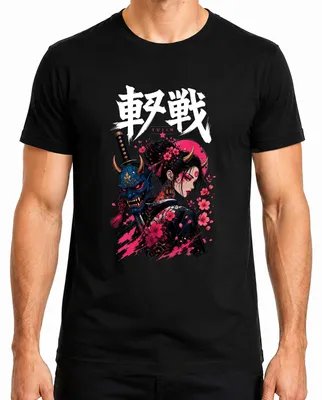 Imagen del producto de Camiseta para hombre con diseño de máscara Oni de ge japonesa, katana, estilo japonés Y2K, anime, manga. Color: negro. Talla: L
