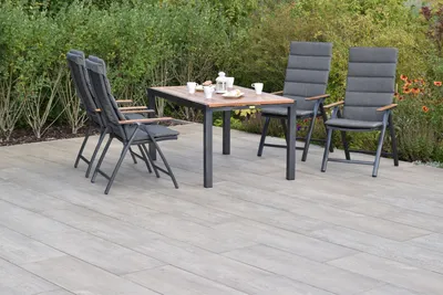 Produktbild von Merxx Gartenmöbel Set Tinos 9tlg., 4 Klappsessel inkl. Kissen, Ausziehtisch 150 (200) x 90 cm- Aluminium/Akazie
