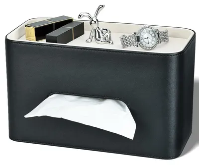Immagine prodotto di Contenitore per fazzoletti cosmetici con vano portaoggetti e supporto per telefono, in ecopelle, colore nero