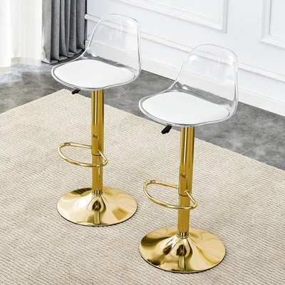 Image de Lot de 2 tabourets de bar réglables en hauteur, dossier transparent, pieds en métal doré, avec repose-pieds