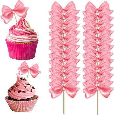 Produktbild von Allecto plus – 24 Stück rosa Schleifen als Partydekoration und Cupcake-Dekorationen für Geburtstagskuchen – Ideal für Hochzeiten und Geburtstage