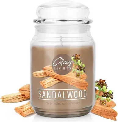 Zdjęcie produktu dla Unyqoos® Duża świeca zapachowa Sandalwood – szklane opakowanie z pokrywką, 625 ml (530 g), do 140 godzin palenia, mieszanka wosku sojowego, knot bawełniany, średnica 10 cm, wysokość 17 cm