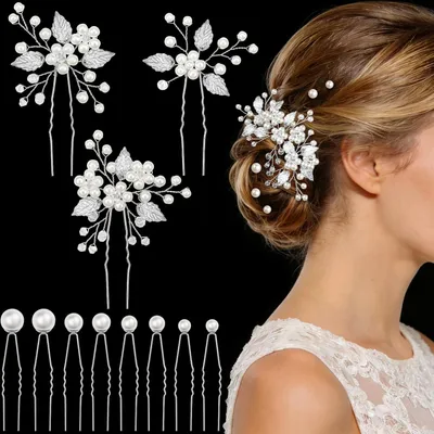 Produktbild von 11 Stück Haarnadeln Hochzeit, Braut Haarschmuck Hochzeit, U-förmig Perle Haarnadeln für Frauen Braut Brautjungfer Mädchen (Silber)