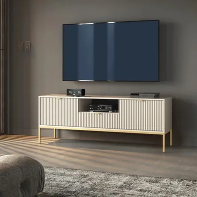 Produktbild von TV Lowboard Kioto 154 cm Kaschmir Beige & Gold – Rillenfront, Goldene Griffe, 1 Schublade, Glamour