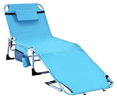 Obrázek produktu pro KOMFOTTEU Sklopné lehátko s polštářem, zahradní lehátko s otvorem pro hlavu a paže, přenosné lehátko s nastavitelným opěradlem a podnožkou, plážové lehátko, kempingové lehátko, relaxační lehátko s boční kapsou
