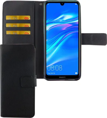 A black flip case for a Huawei Y7 2019 phone, shown open with the phone inside.