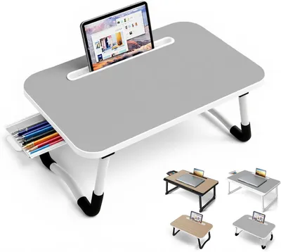 Imagen del producto de Mesa portátil para cama – Mesa de trabajo para sofá – Para trabajar cómodamente – Cajón de almacenamiento integrado – 48x30 cm – Gris