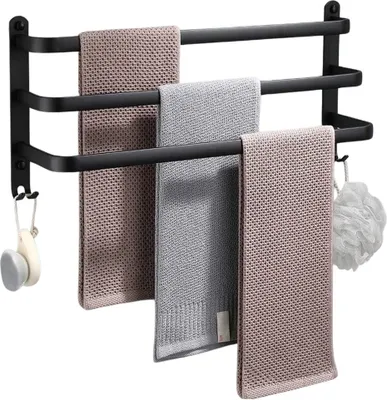 Obrázek produktu pro Koupelnový držák na ručníky, kov, černý + háčky, 40 cm