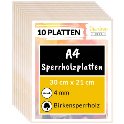 Produktbild von Creative Deco A4 Sperrholzplatte 300x210x4 mm 10Stk