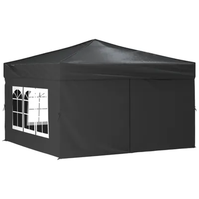 A black party tent with windows is shown against a white background.