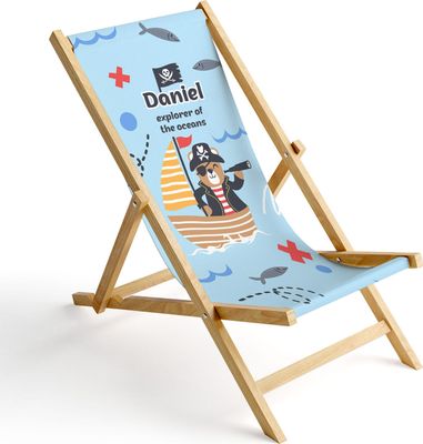 Kinder Holz-Liegestuhl Personalisierbar Klappbar Klappliegestuhl Sonnenliege Strandstuhl Wechselbezug Motiv Pirate Bär [119]