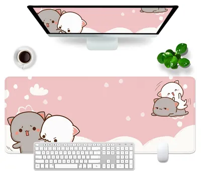 Image de Tapis de souris gaming rose avec motif de chat, tapis de bureau XL 800 x 300 mm, grand tapis de souris mignon, tapis de souris gaming professionnel, tapis de clavier kawaii