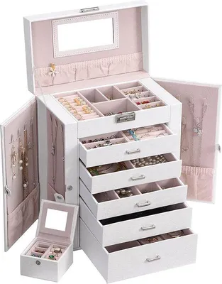 Produktbild von Famanu Schmuckbox für Damen - Schmuckorganizer mit 6 Fächern und 2 Klappen