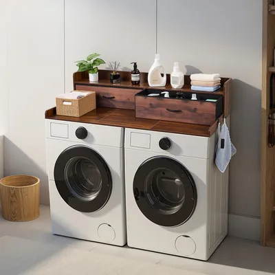 Image de Plateau de superposition SucceBuy pour lave-linge et sèche-linge (137 x 69,9 cm) avec étagère, 2 tiroirs et crochets, idéal pour buanderie, cellier ou cuisine, supportant jusqu'à 113 kg, surface marron pour le rangement des produits de lessive