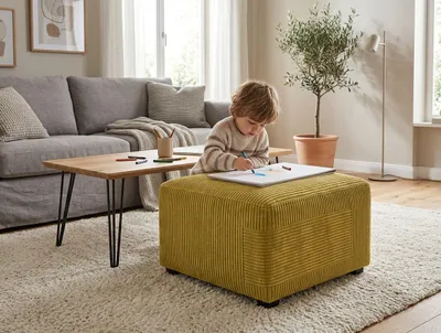 Produktbild von Hocker FAMI Apollo – vielseitiger Sitzwürfel, Cord in Senfgelb, Family Meble, KI-generiertes Bild