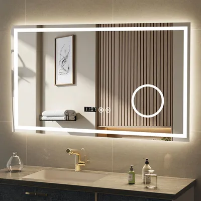 Produktbild von Badspiegel mit Beleuchtung LED Wandspiegel, 3-fach Vergrößerung, Touch Antibeschlag Kosmetikspiegel, Uhr, 3 Lichtfarben Dimmbare 100x60cm