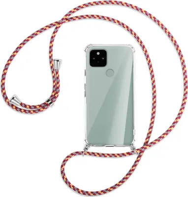 Produktbild von Handykette Backcover-Schutzhülle mit Band (Metall silberfarben) für Google Pixel 5 - weinrot/gelb/grau