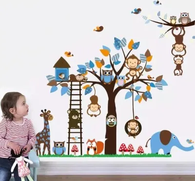 Produktbild von Jumada - Aufkleber Tiere im Baum - XL - Baum mit Tieren - Kinderzimmer - Schlafzimmer - Wanddekoration - Affen/Eulen/Giraffe/Elefant - Blau