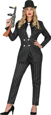 A woman dressed in a 1920s gangster costume, holding a toy Tommy gun.