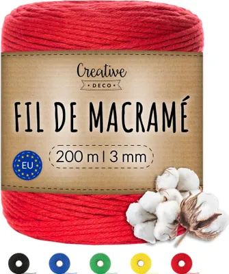 Image de Creative Deco 3mm x 200m Corde Macramé Rouge - Fil de Coton et Polyester
