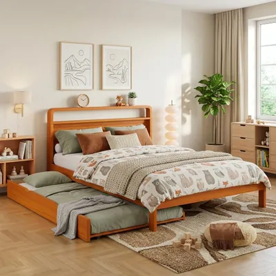 Immagine prodotto di Letto singolo okwish 140x200 con letto estraibile (90x190), letto in legno con spazio contenitore e testiera arrotondata, struttura del letto in legno naturale, senza materasso