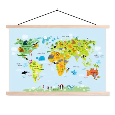 Obrázek produktu pro MuchoWow® Textilní plakát - Mapa světa - Děti - Zvířata - Příroda - Chlapci - Dívky - 60x40cm - S hnědými lamelami