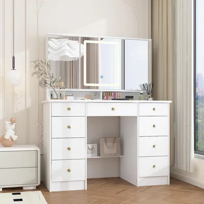 Produktbild von Schminktisch mit Beleuchtung, 3 Spiegel und 9 Schubladen, Kosmetiktisch, Frisiertisch, Weiß, MDF+Spiegel, 50 x 110 x 137 cm