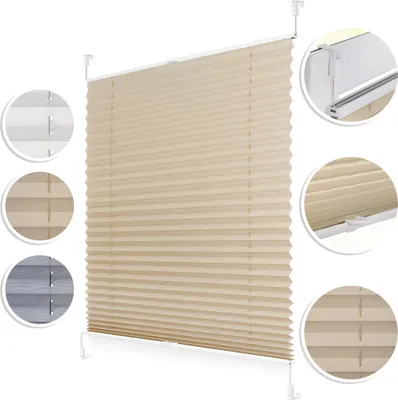 A collage of product images showing different colors and close-ups of a pleated blind.