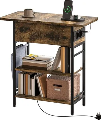 Imagen del producto de Mesa auxiliar AIORBER, mesita de noche con regleta de enchufes, puertos USB, 2 niveles, espacio de almacenamiento, madera, 60x29,8x58,5 cm, color marrón rústico
