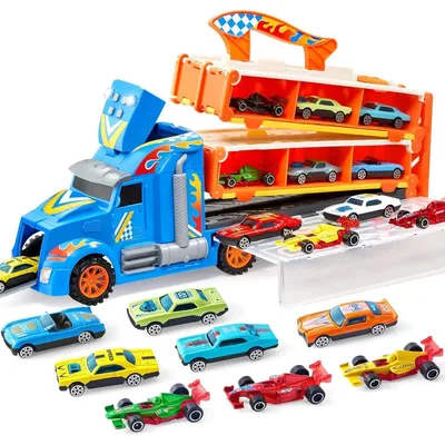 Zdjęcie produktu dla Zestaw samochodów "Transporter" z torami, wyrzutniami, światłami i dźwiękami, kolor niebieski