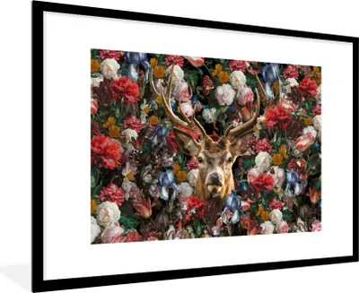Produktbild von MuchoWow® MuchoWow® Gerahmtes Poster Hirsche - Geweihe - Blumen 90x60 cm - Poster mit zchwarzem Bilderrahmen - Wanddekoration - Fotos