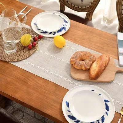 Produktbild von Lange Tafeldecke aus Leinen 120 cm mit Fransen für Dessert und Feiern