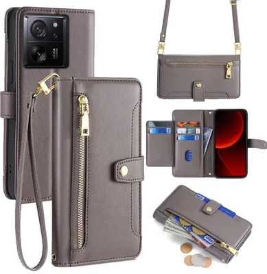 Produktbild von Handykette Xiaomi Hülle mit Band Handyhülle Kartenfächer Kunstleder Umhängetasche 13T / 13T Pro Grau