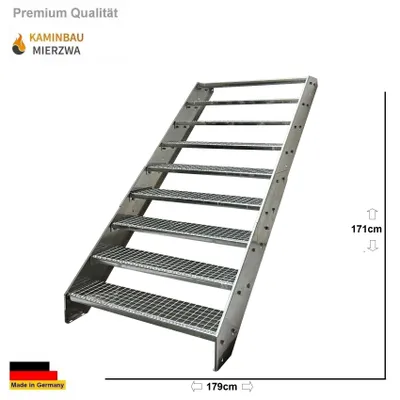 A metal staircase with grate steps on a white background, with dimensions indicated.