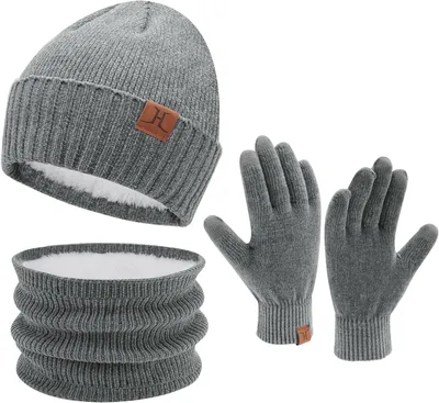 Produktbild von Mütze Schal und Touchscreen-Handschuhe Winter-Set Warm Grau