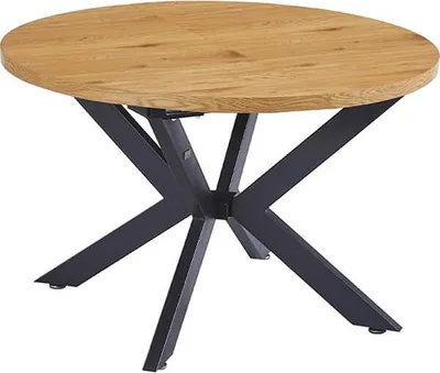 A round wooden table with a black metal base.
