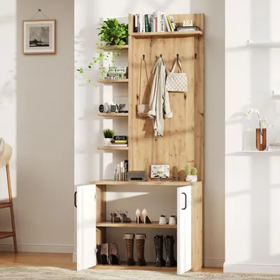 Image de Sweiko 75x33x180cm Portemanteau avec penderie, rangement pour chaussures, équipement pour l'entrée avec patères, armoire pour l'entrée avec 5 couches de compartiments de rangement et armoires de rangement, couleur originale du bois + blanc