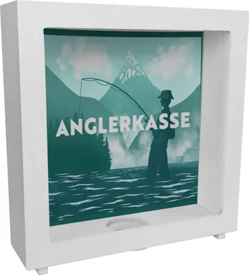 Produktbild von Anglerkasse Rahmen Spardose aus Holz mit Anglermotiv für Angler