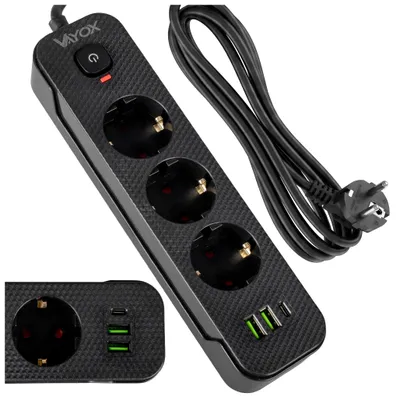 Produktbild von Vayox Steckdosenleiste 3-Fach Schuko 3m Schwarz | Mehrfachsteckdose mit 1x USB-C 2x USB-A 1A | 2500W Mehrfachstecker mit Schalter Schuko