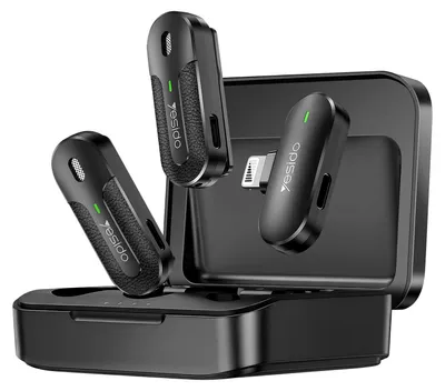 Zdjęcie produktu dla Yesido, podwójny mikrofon bezprzewodowy Lightning MEMS 2,4 GHz z etui o pojemności 600 mAh, czarny