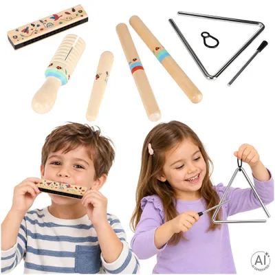 Obrázok produktu pre Drevená hudobná sada pre deti (triangl, paličky, harmonika, guiro)
