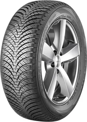A close-up studio shot of a Falken Euroall Season AS210 tire mounted on a silver alloy wheel, presented against a plain white background.