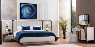 Produktbild von Weiße Schlafzimmer Garnitur Edles Textilbett Schminktisch Hocker