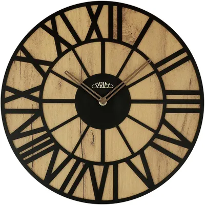 Produktbild von PRIM Glamorous Rome Wanduhr Holz lautlos 3D-Zahlen Naturbelassen/Schwarz 35 cm