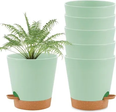 Image de Pots à plantes en plastique auto-irrigués Set de 6 - Système d'irrigation - Pots à plantes ronds - Intérieur et balcon - Plantes de jardin succulentes - 14 cm Vert