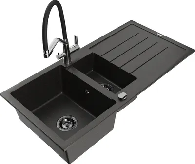 Produktbild von Mexen Andres 1,5-Becken-Granitspüle mit Abtropffläche und Mischbatterie Duo, Schwarz/Gold metallisch - 6515-75-671701-07-B