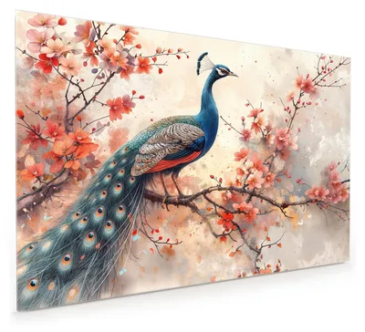 Produktbild von Küchenrückwand Spritzschutz Glas mit Motiv Pfau und Blüten 40 x 40 cm