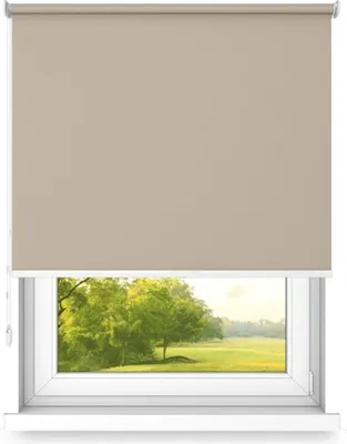 A roller blind is shown partially lowered over a window, revealing a green landscape with trees and a golf course.